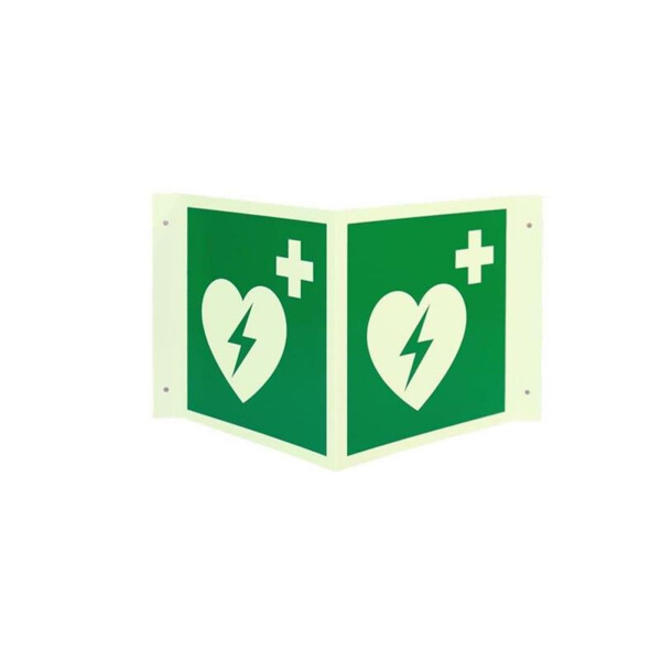 Defibrillator Symbol, Winkel- (Nasen-) Schild, Kunststoff, langnachleuchtend, 200 x 200 mm (L)