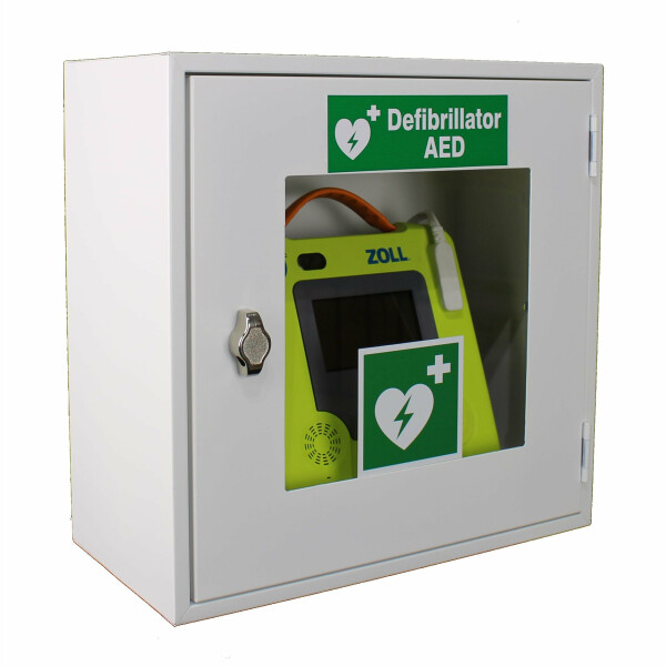 Defi/AED Wandschrank - Metall - WallCase 10, mit Sichtfenster, AED Symbol, AED Schild, ohne Alarm, 40 x 40 x 20 cm, Farbe: weiss